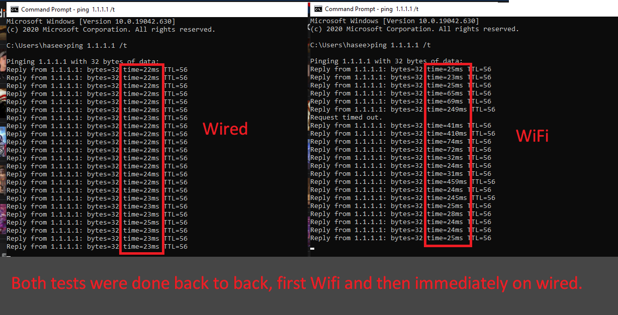 So sánh Ping giữa wifi và mạng Lan