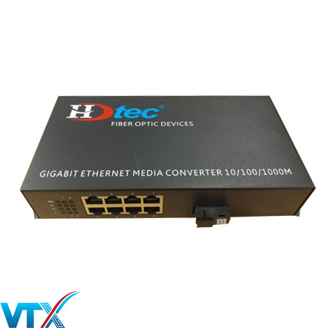 Converter quang 1 sợi HDTec 1Gb + 8 cổng RJ45 10/100/1000M