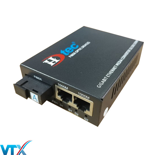 Bộ chuyển đổi quang điện HDTec 1 sợi + 2 cổng RJ45 100 Mbps/ 1000Mbps