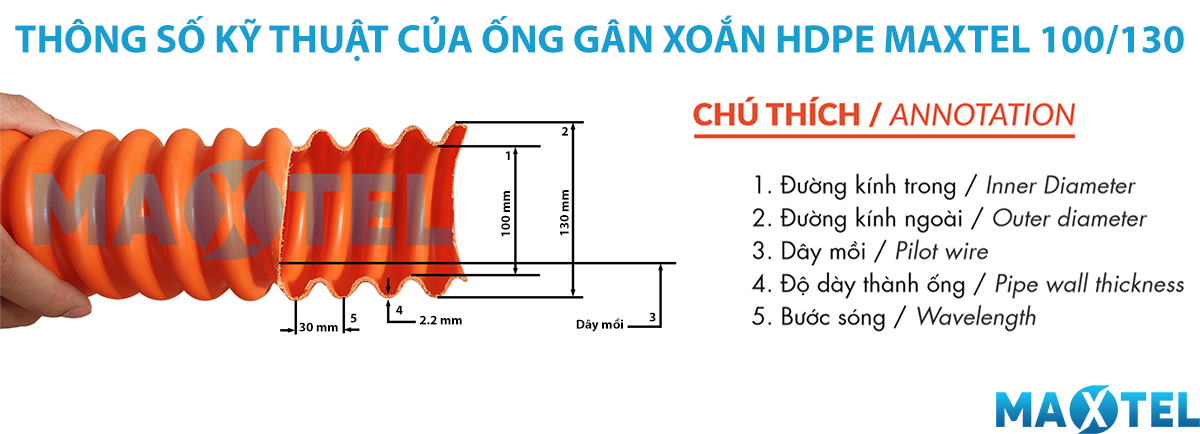 Ống nhựa gân xoắn HDPE MAXTEL 100-130