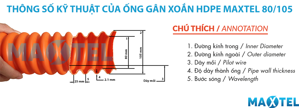 Ống nhựa gân xoắn HDPE MAXTEL 80/105