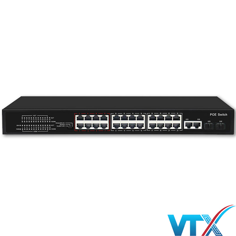 Switch PoE UPCOM POE3024-2G-2GS 24 cổng PoE 10-100M + 2 cổng Uplink 1000M + 2 cổng Combo Gigabit SFP
