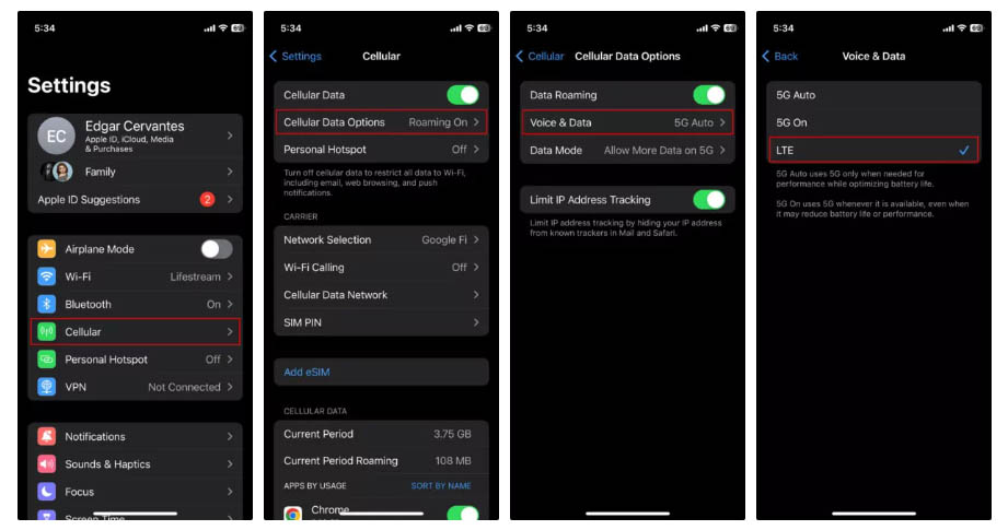 cách bật tắt LTE trên điện thoại Iphone