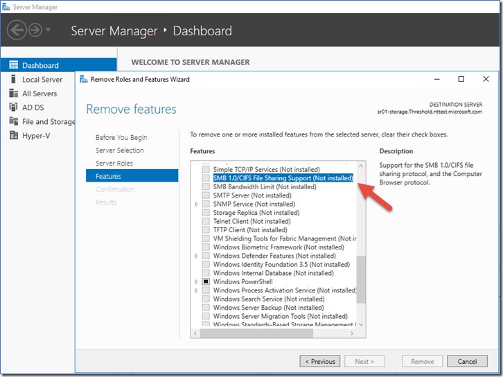 cách xóa SMBv1 qua Server Manager