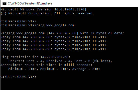 kết quả lệnh Ping tới google.com trên máy tính windows