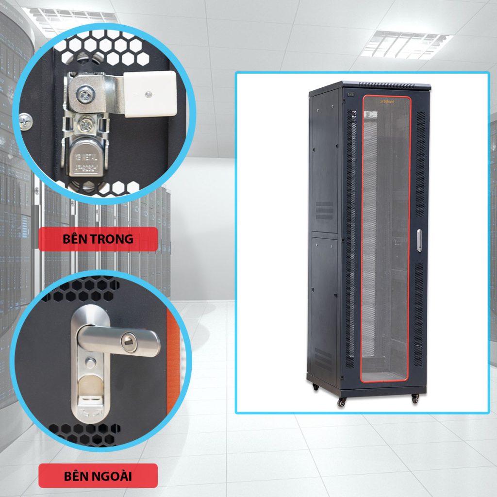 Ảnh chụp chi tiết khóa mặt trước tủ rack 42U Maxtel