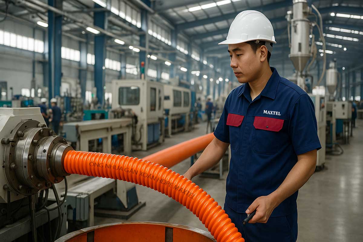 ỐNG NHỰA GÂN XOẮN HDPE ĐANG ĐƯỢC ĐÙN RA TỪ MÁY ĐÙN