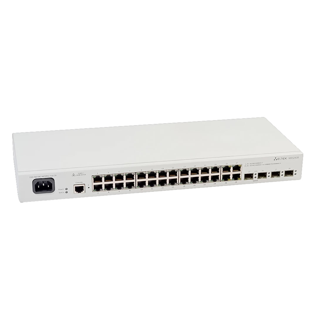 Góc nghiêng phải mặt trước switch chia mạng Eltex MES2428