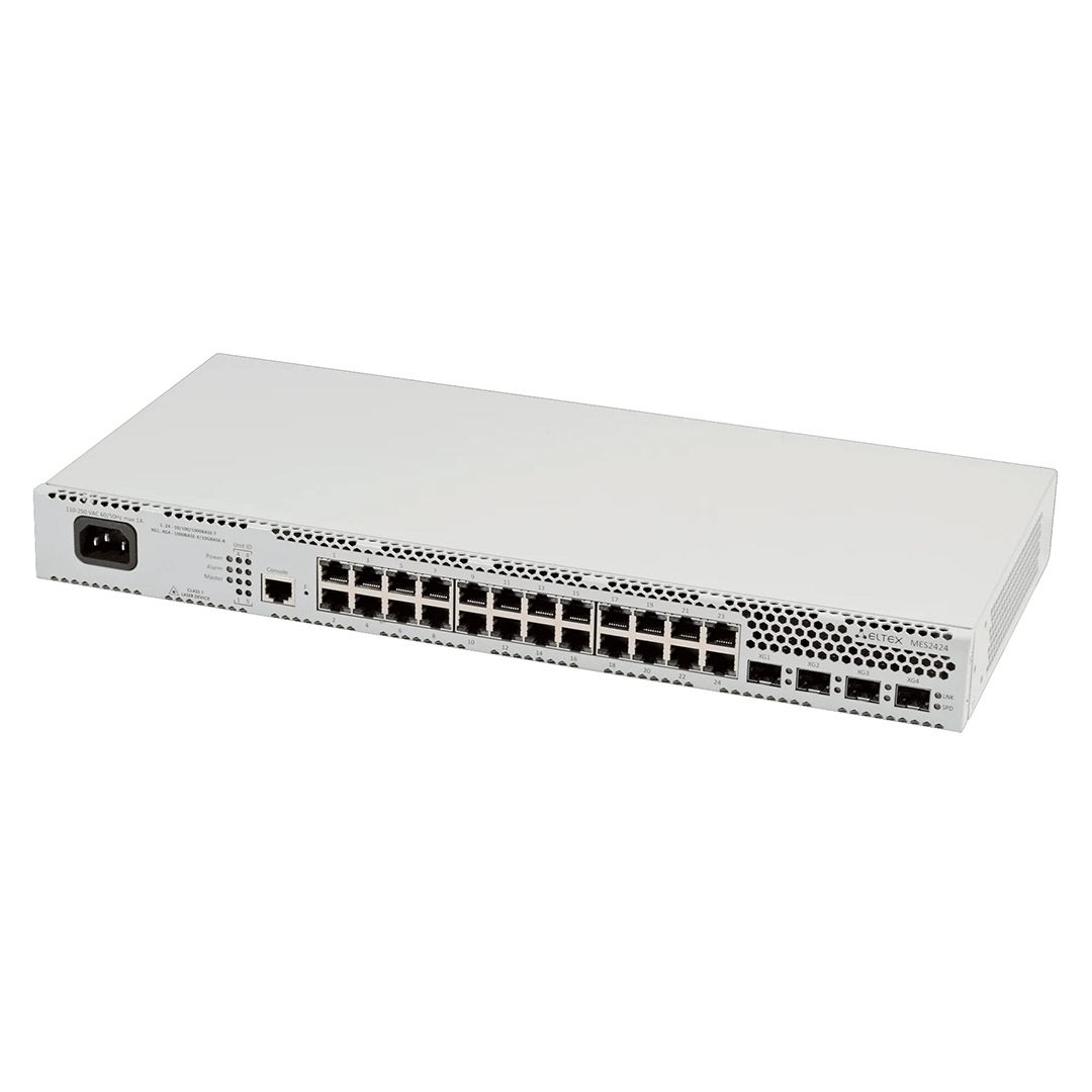 Góc nghiêng trái mặt trước switch Eltex MES2424 24 cổng RJ-45 + 4 cổng (SFP_SFP+)