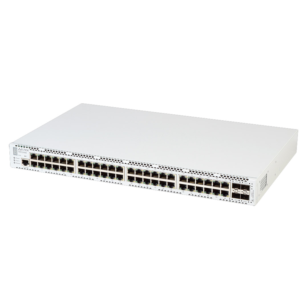 Góc nghiêng trái mặt trước switch chia mạng Eltex MES2448