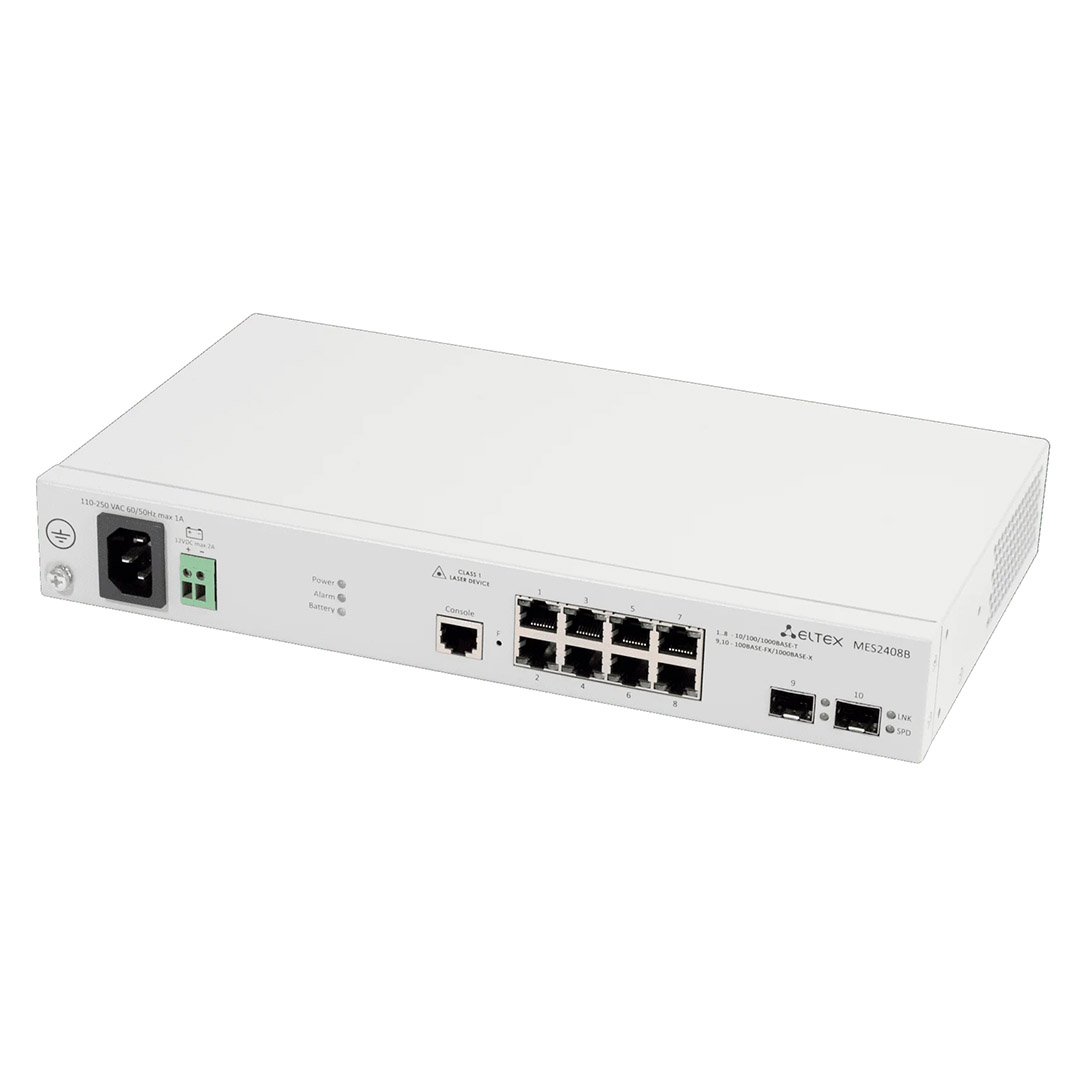 góc nghiêng traisi mặt trước switch chia mạng Eltex MES2408B gồm 8 cổng RI45, 2 cổng SFP