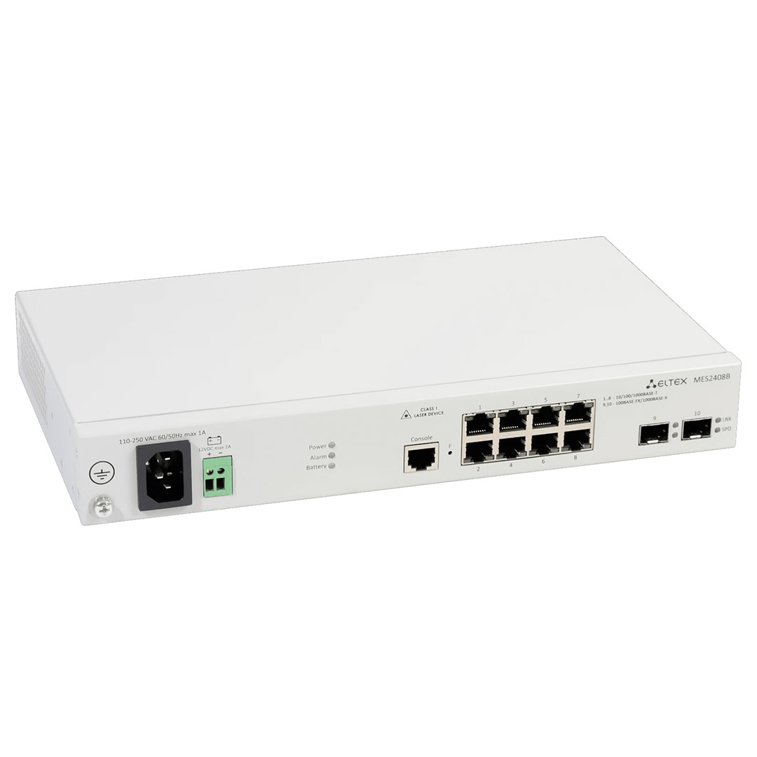 góc nghiêng phải mặt trước switch chia mạng Eltex MES2408B gồm 8 cổng RI45, 2 cổng SFP