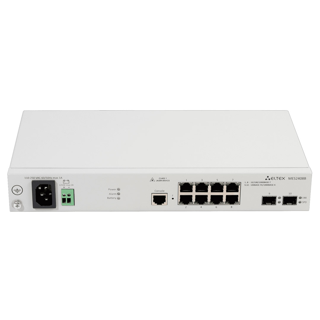 mặt trước switch chia mạng Eltex MES2408B gồm 8 cổng RI45, 2 cổng SFP