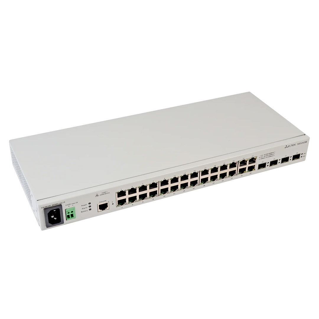 mặt trước góc nghiêng phải switch chia mạng eltex MES2428B