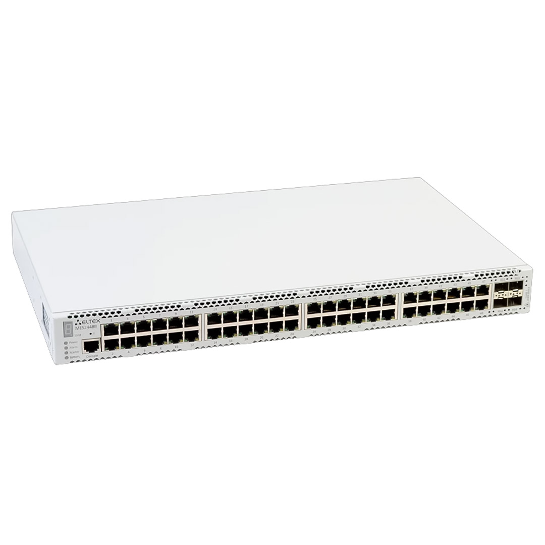 mặt trước góc nghiêng phải switch chia mạng Eltex MES2448B