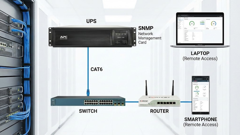UPS gắn card SNMP kết nối bằng cáp mạng tới switch và router