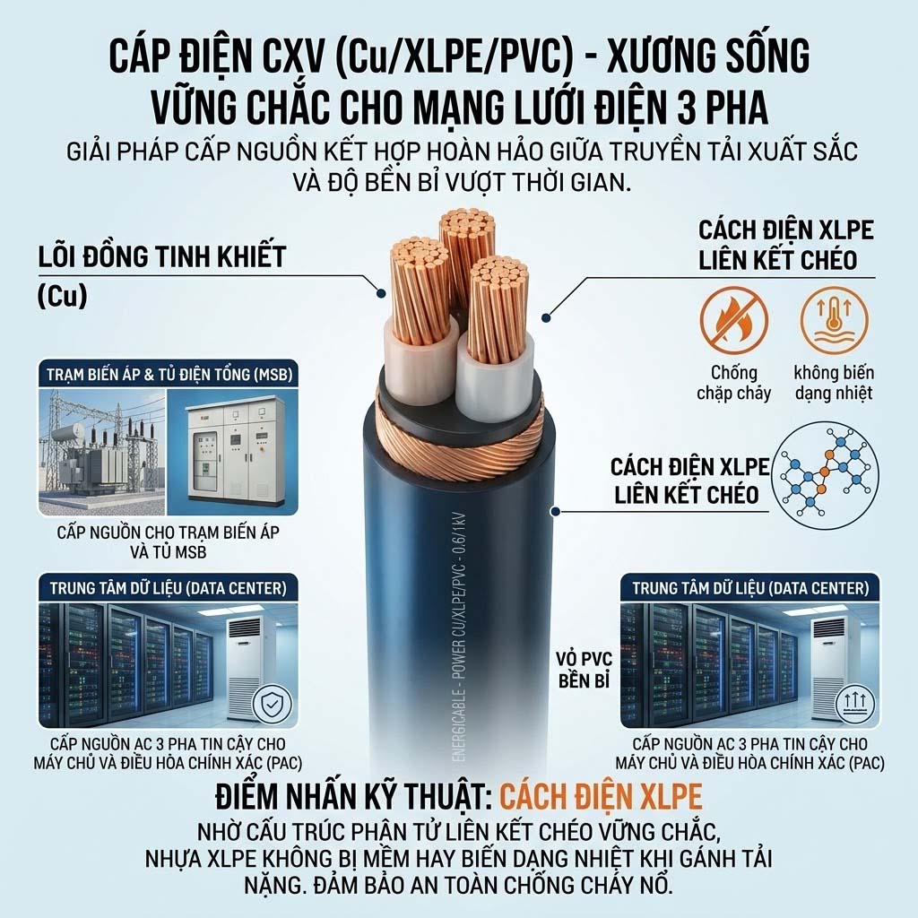 Cáp điện 3 lõi hạ thế CXV cách điện xlpe