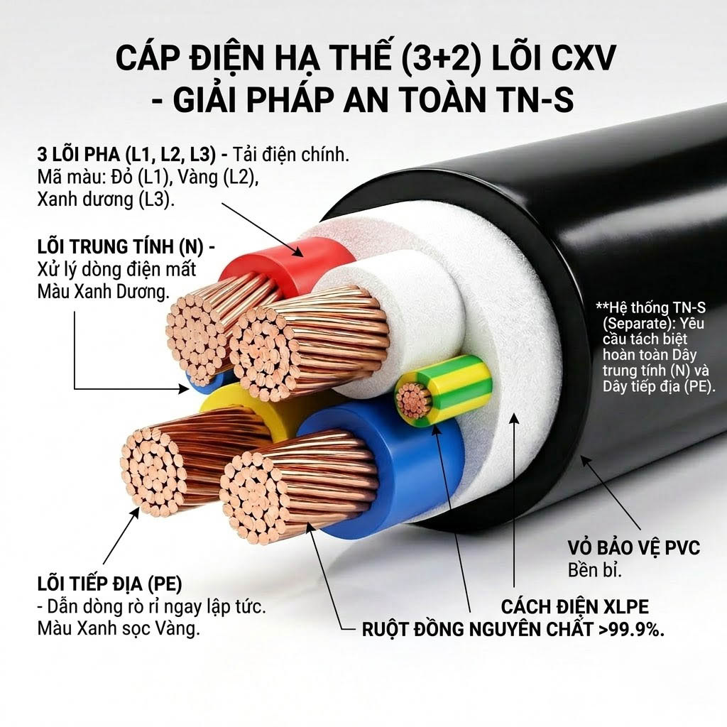 Cáp điện hạ thế 3+2 cxv