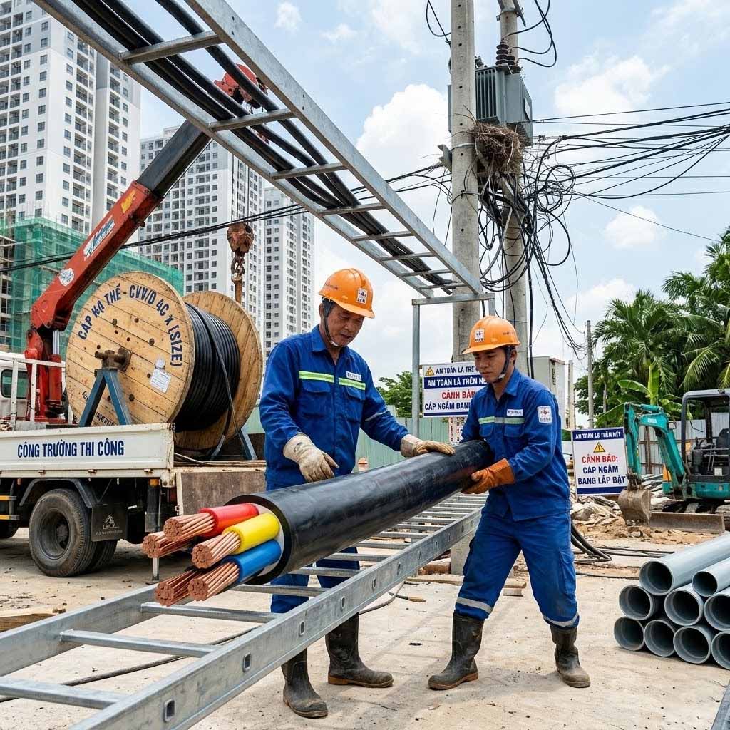 Cáp điện hạ thế 4 lõi đang được thi công 