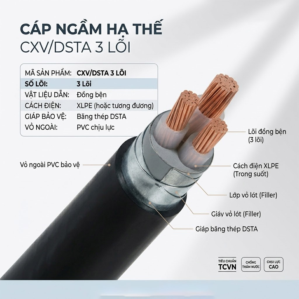 thông số Cáp ngầm 3 lõi hạ thế CXV